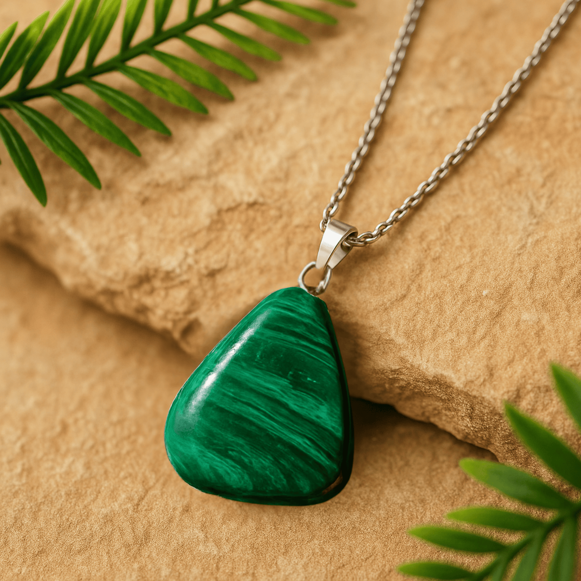 Green Malachite pendant necklace on a beige stone surface with green leaves.