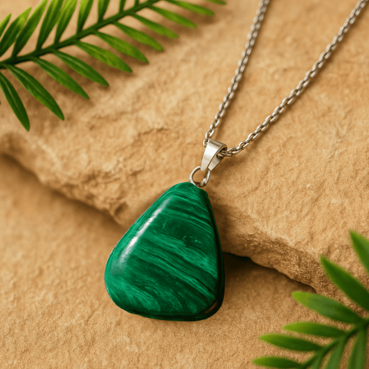Green Malachite pendant necklace on a beige stone surface with green leaves.
