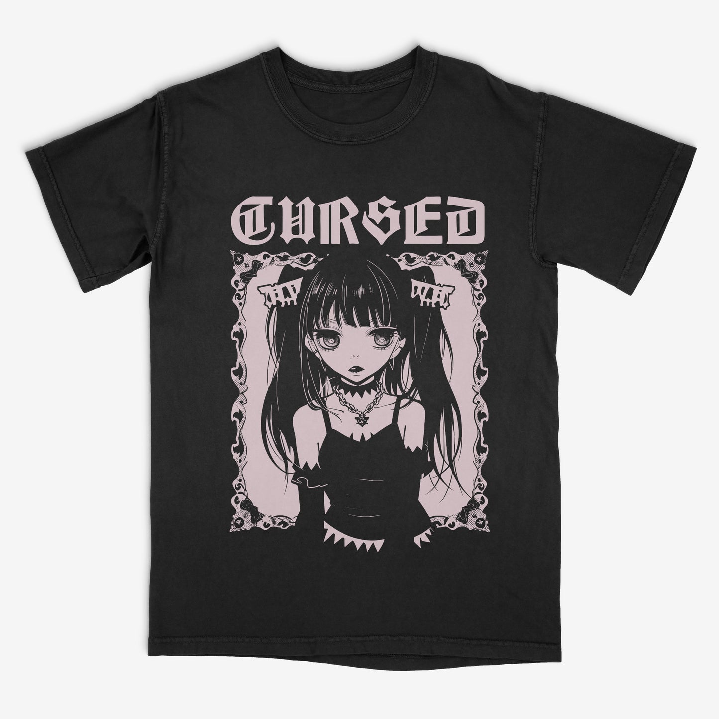 Black t-shirt with an anime-style graphic and 'Cursed' text on a white background