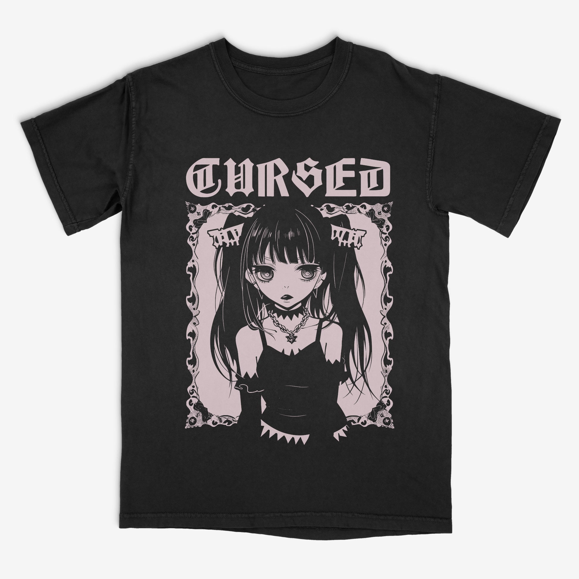 Black t-shirt with an anime-style graphic and 'Cursed' text on a white background