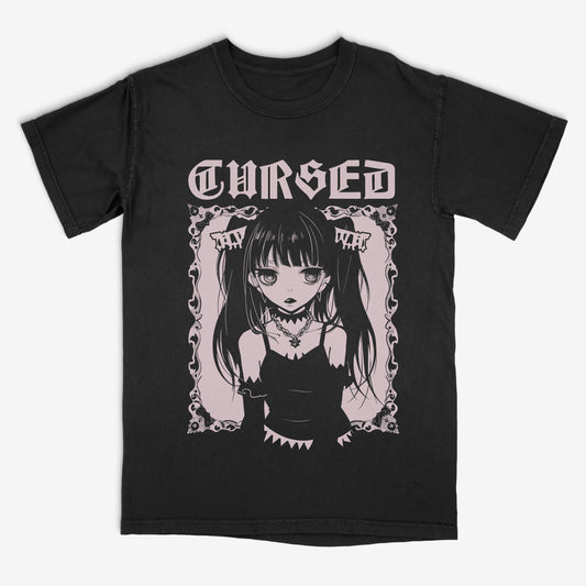 Black t-shirt with an anime-style graphic and 'Cursed' text on a white background