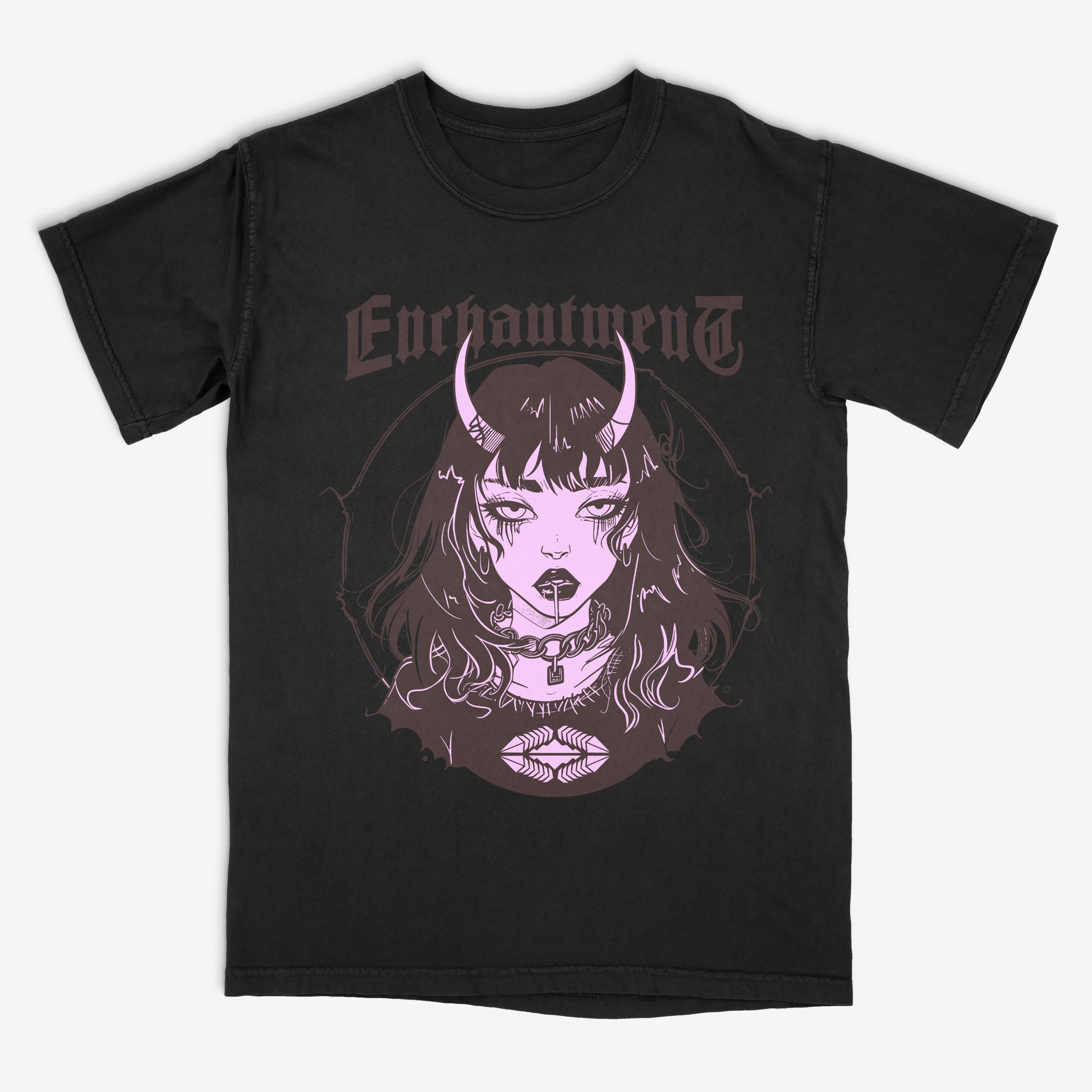 Black T-Shirt with a graphic of a gothic anime girl with horns and the text Enchantment across the chest laying on a white background
