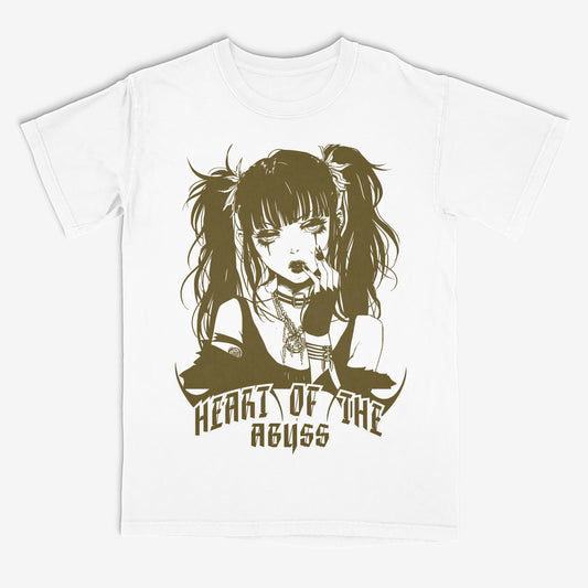 White t-shirt with a graphic design of a stylized character and 'Heart of the Abyss' text on a white background