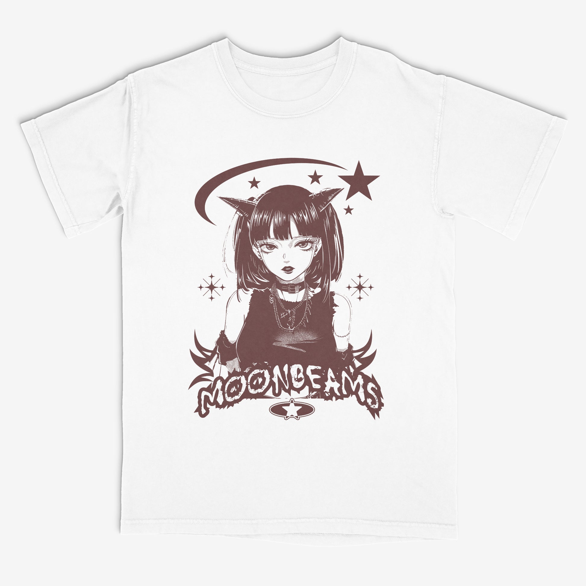 White t-shirt with an anime-style graphic of a witch and the word 'Moonbeams' on a white background.