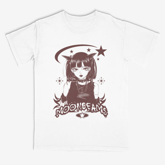 White t-shirt with an anime-style graphic of a witch and the word 'Moonbeams' on a white background.