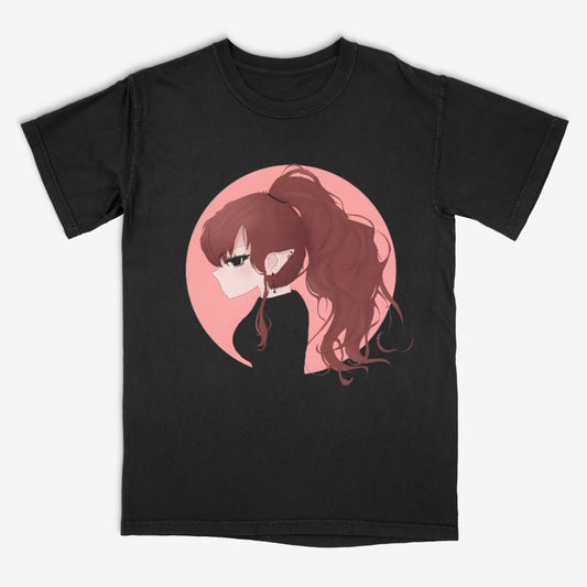 Black t-shirt with an anime-style graphic of a girl with brown hair on a pink background