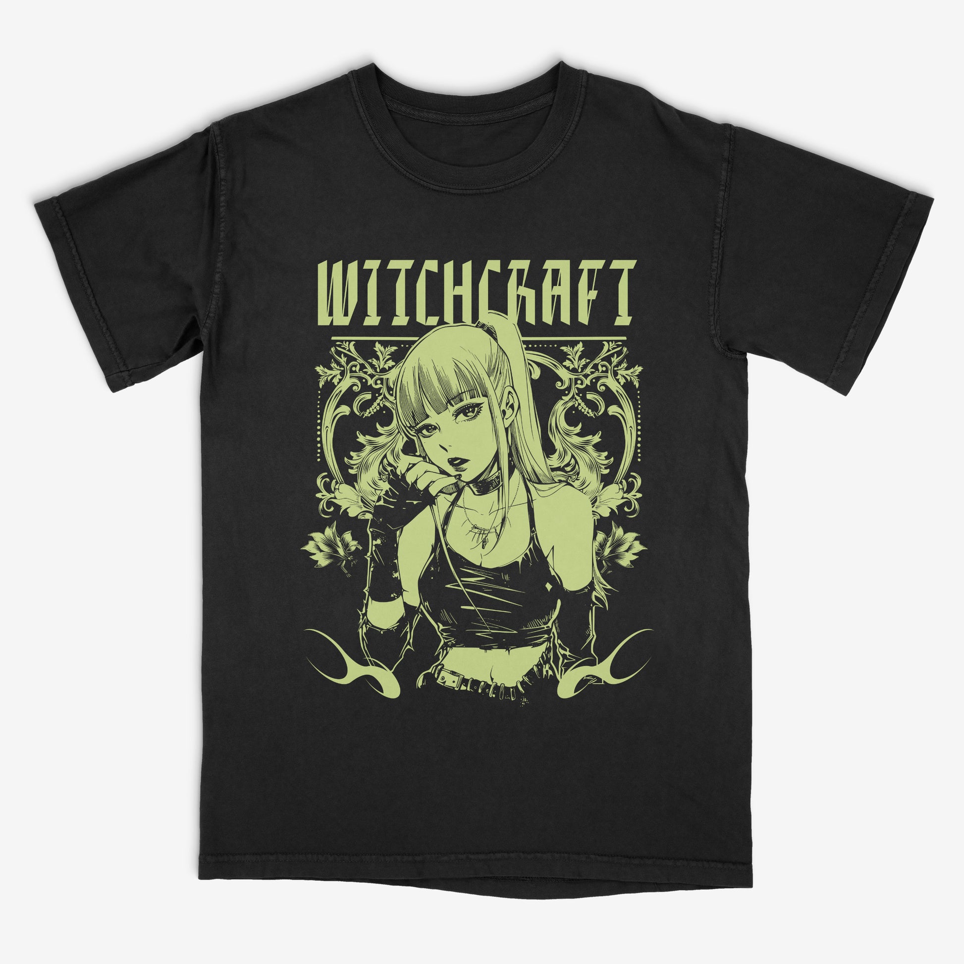 Black t-shirt with an anime-style graphic of a witch and the word 'Witchcraft' on a white background.