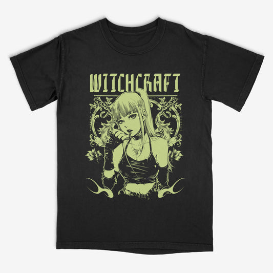 Black t-shirt with an anime-style graphic of a witch and the word 'Witchcraft' on a white background.