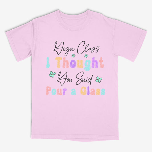 Pink t-shirt with colorful text on a white background