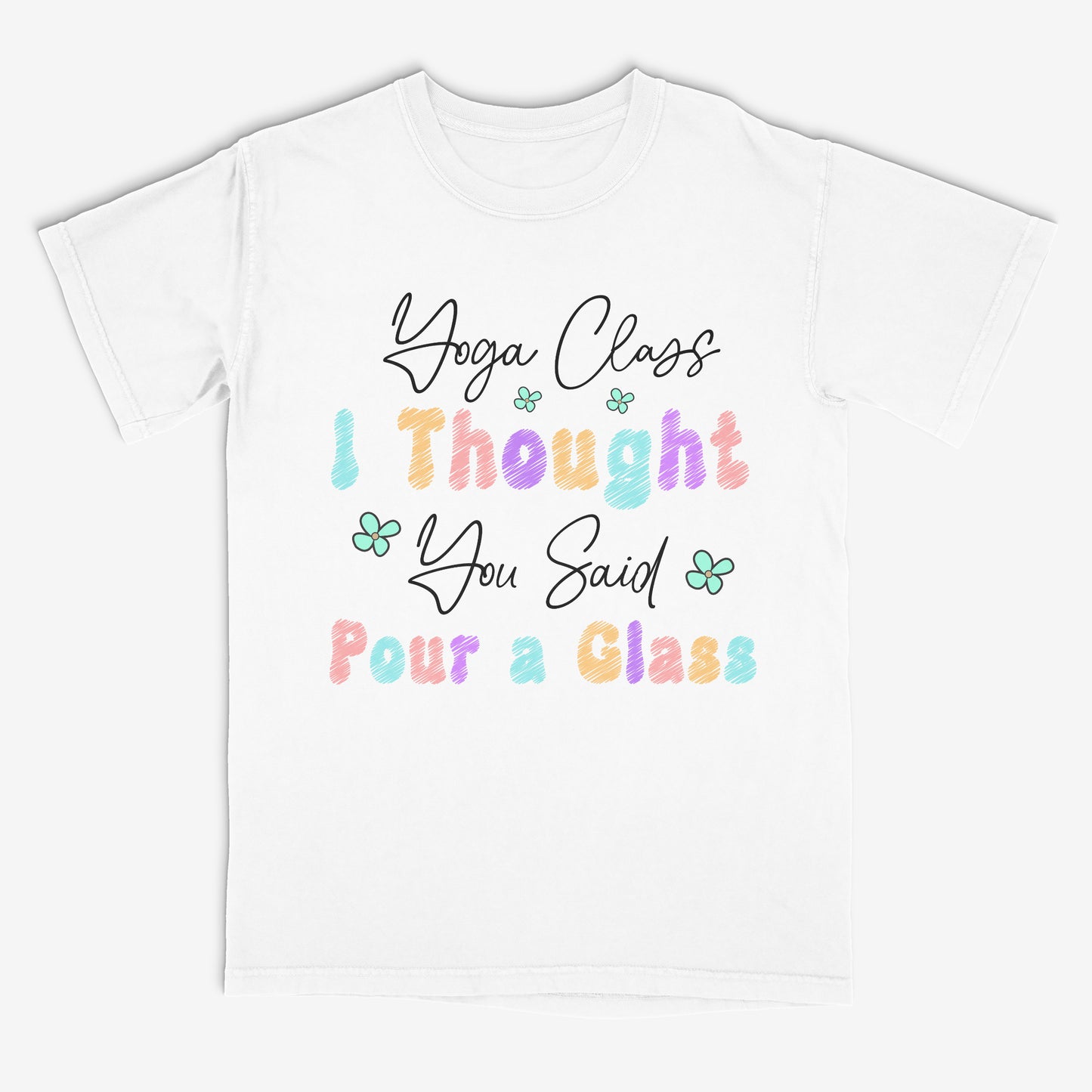 White t-shirt with colorful text design on a white background