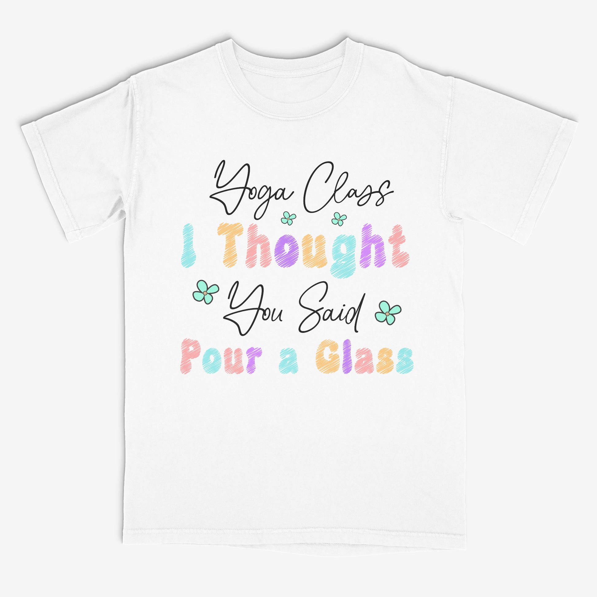 White t-shirt with colorful text design on a white background