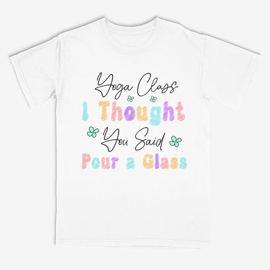 White t-shirt with colorful text design on a white background