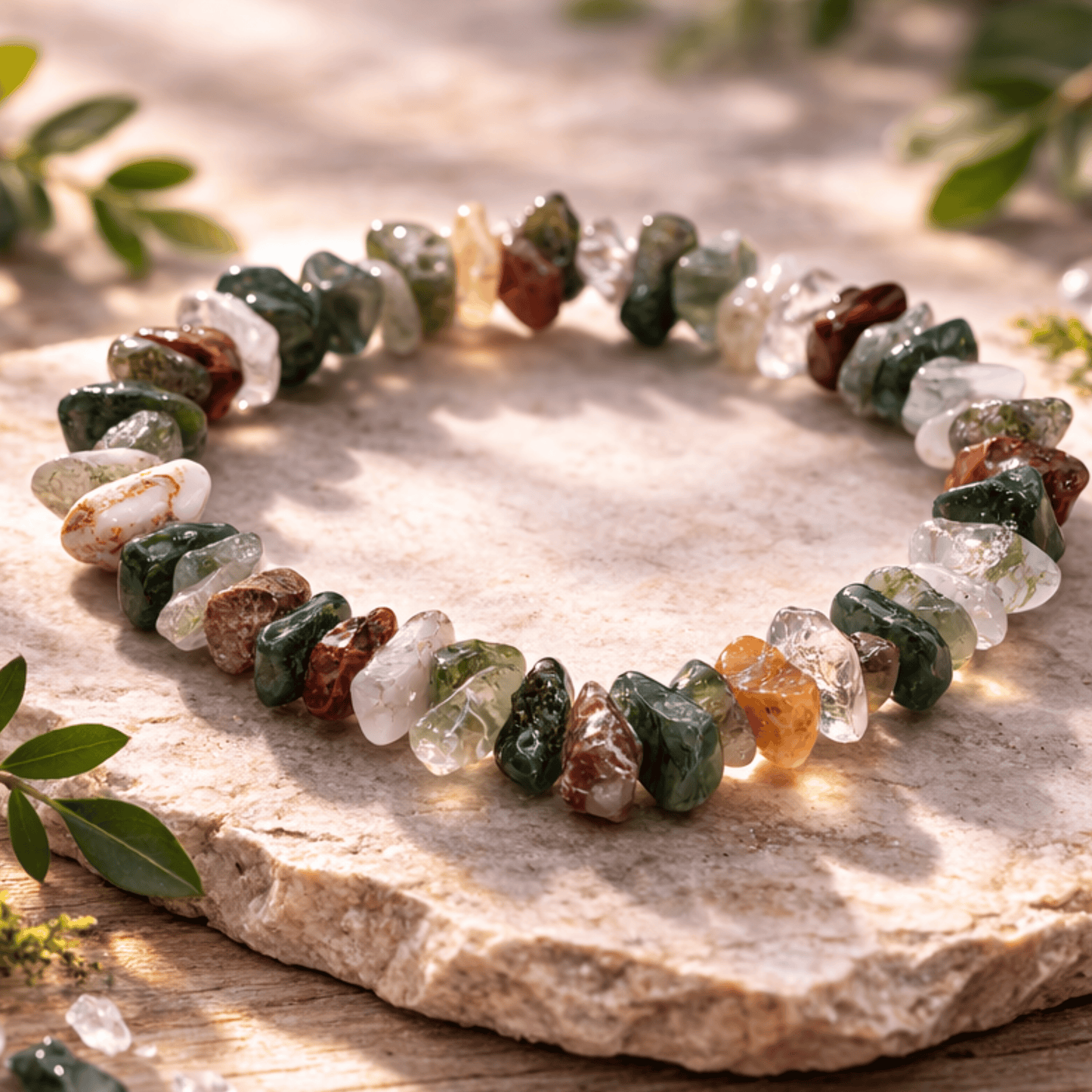 Multicolored stone bracelet of greens and earthy browns on a stone surface with green leaves