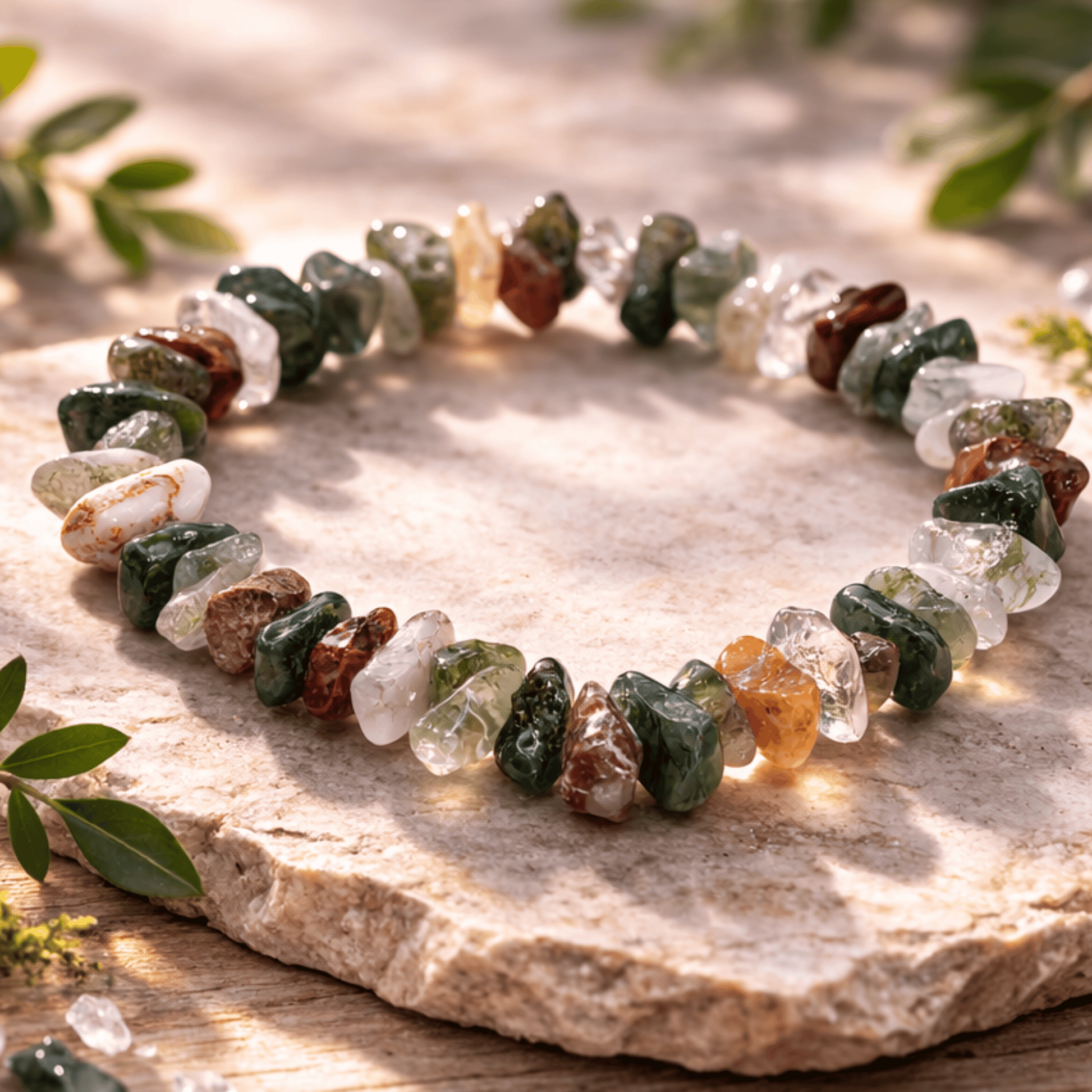 Multicolored stone bracelet of greens and earthy browns on a stone surface with green leaves