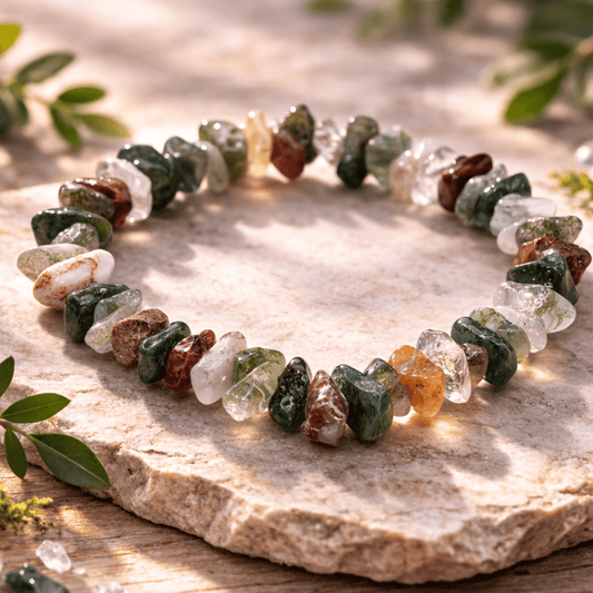 Multicolored stone bracelet of greens and earthy browns on a stone surface with green leaves