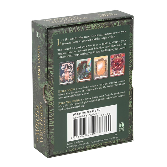 Back view of The Witch's Way Home Oracle card deck box, showing product description, three sample card illustrations, pricing, barcode, and publisher branding on a white background.