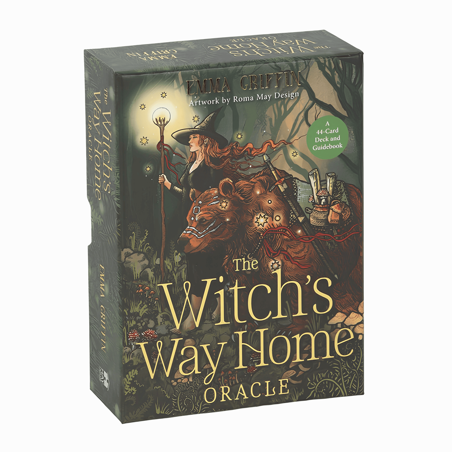 The Witch's Way Home Oracle card deck box by Twila Cripti, featuring fantasy artwork of a witch walking next to a brown bear through a dark forest at night, with gold title text on the front.