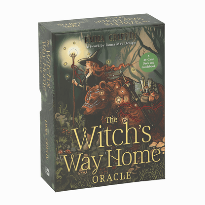 The Witch's Way Home Oracle card deck box by Twila Cripti, featuring fantasy artwork of a witch walking next to a brown bear through a dark forest at night, with gold title text on the front.