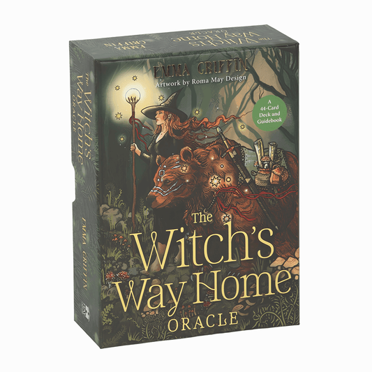 The Witch's Way Home Oracle card deck box by Twila Cripti, featuring fantasy artwork of a witch walking next to a brown bear through a dark forest at night, with gold title text on the front.
