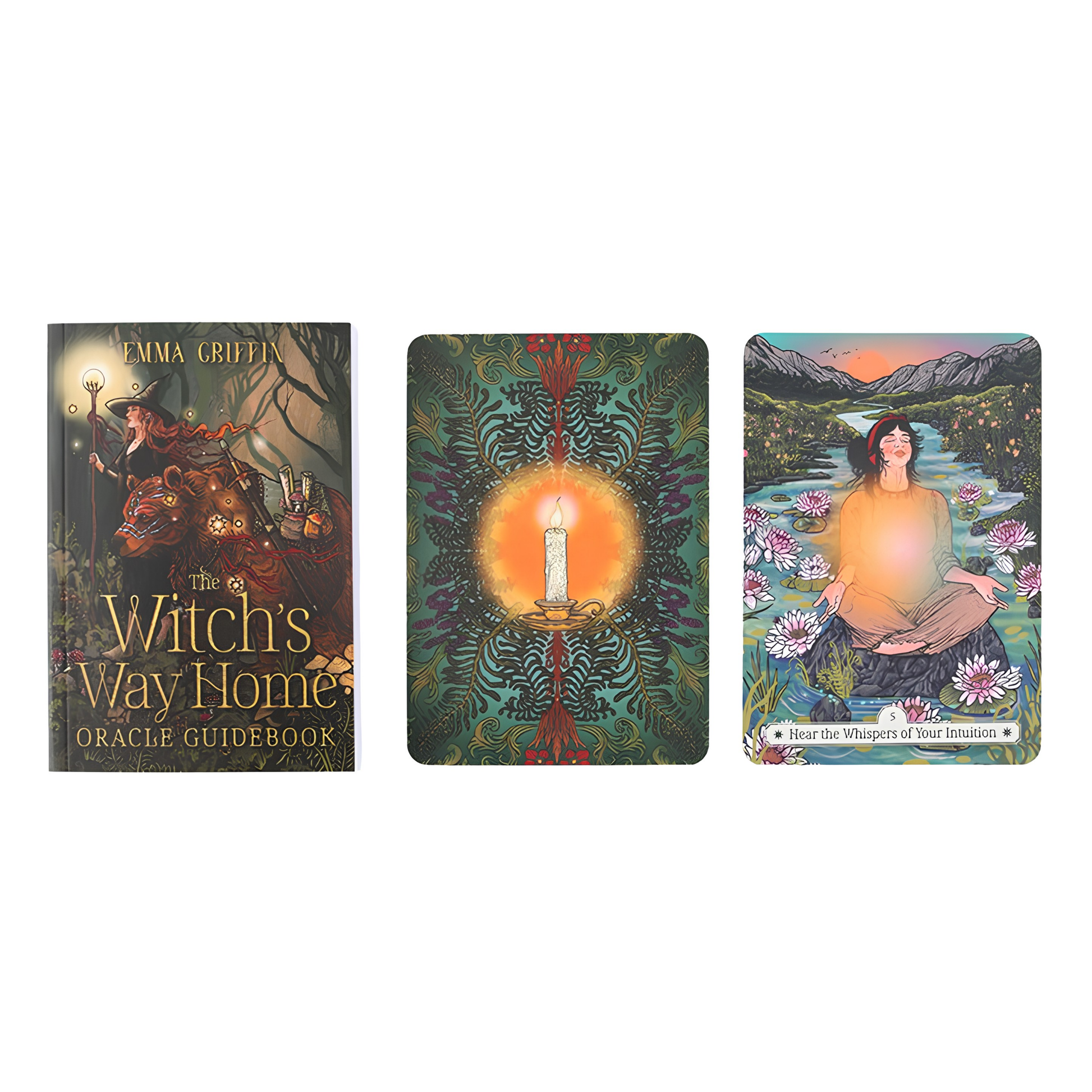 The Witch's Way Home Oracle Guidebook by Emma Griffin shown alongside two illustrated oracle cards on a plain white background.