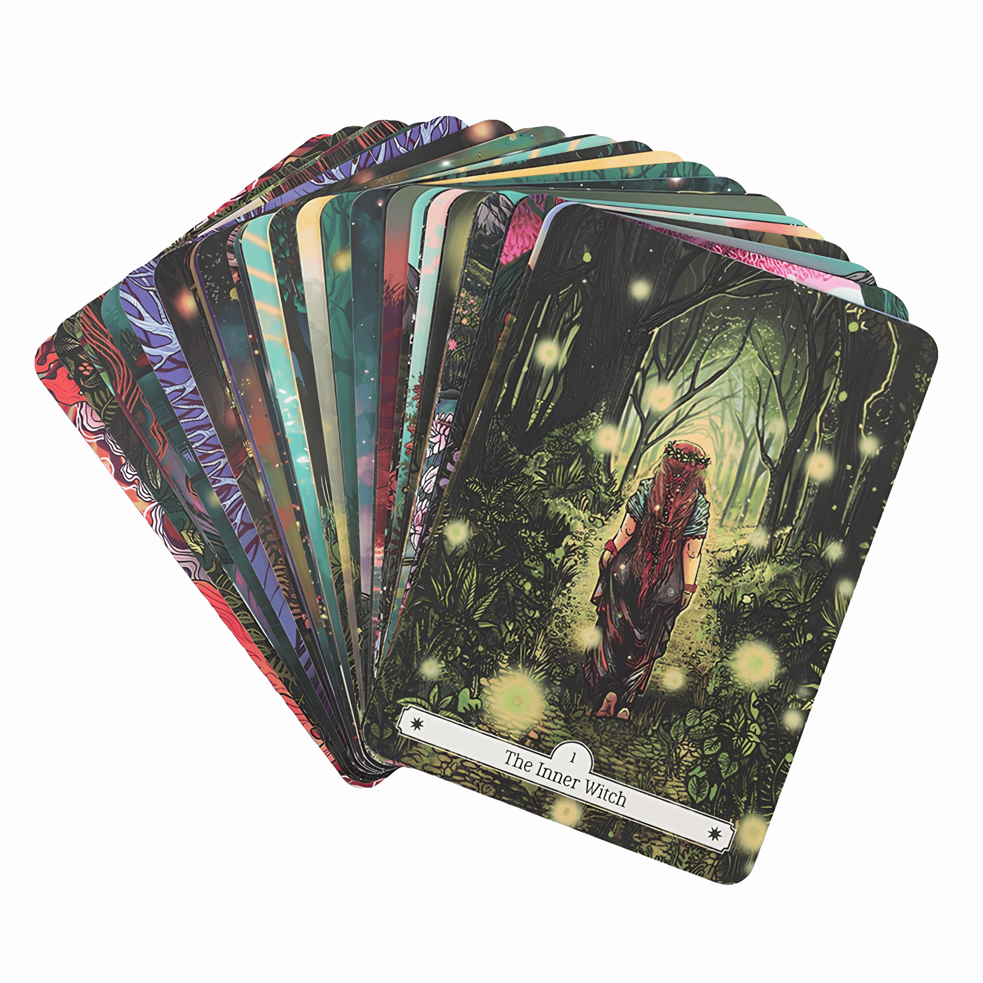 A fanned-out deck of illustrated oracle cards on a plain white background, with the front card titled "The Inner Witch" showing a forest scene with a figure and glowing lights.
