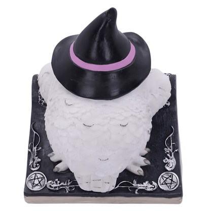 Back of a white owl figurine wearing a black witch hat with a pink band on a black base with white designs.