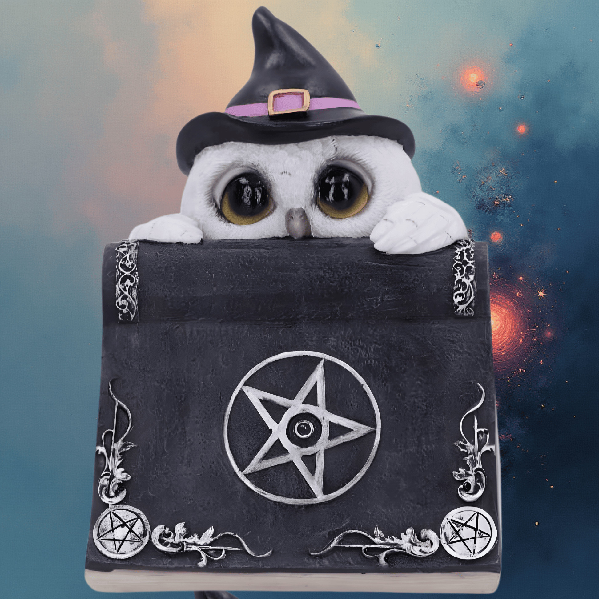 Owl plush toy wearing a witch hat peeking out from a black book with a pentagram symbol on a mystical background.