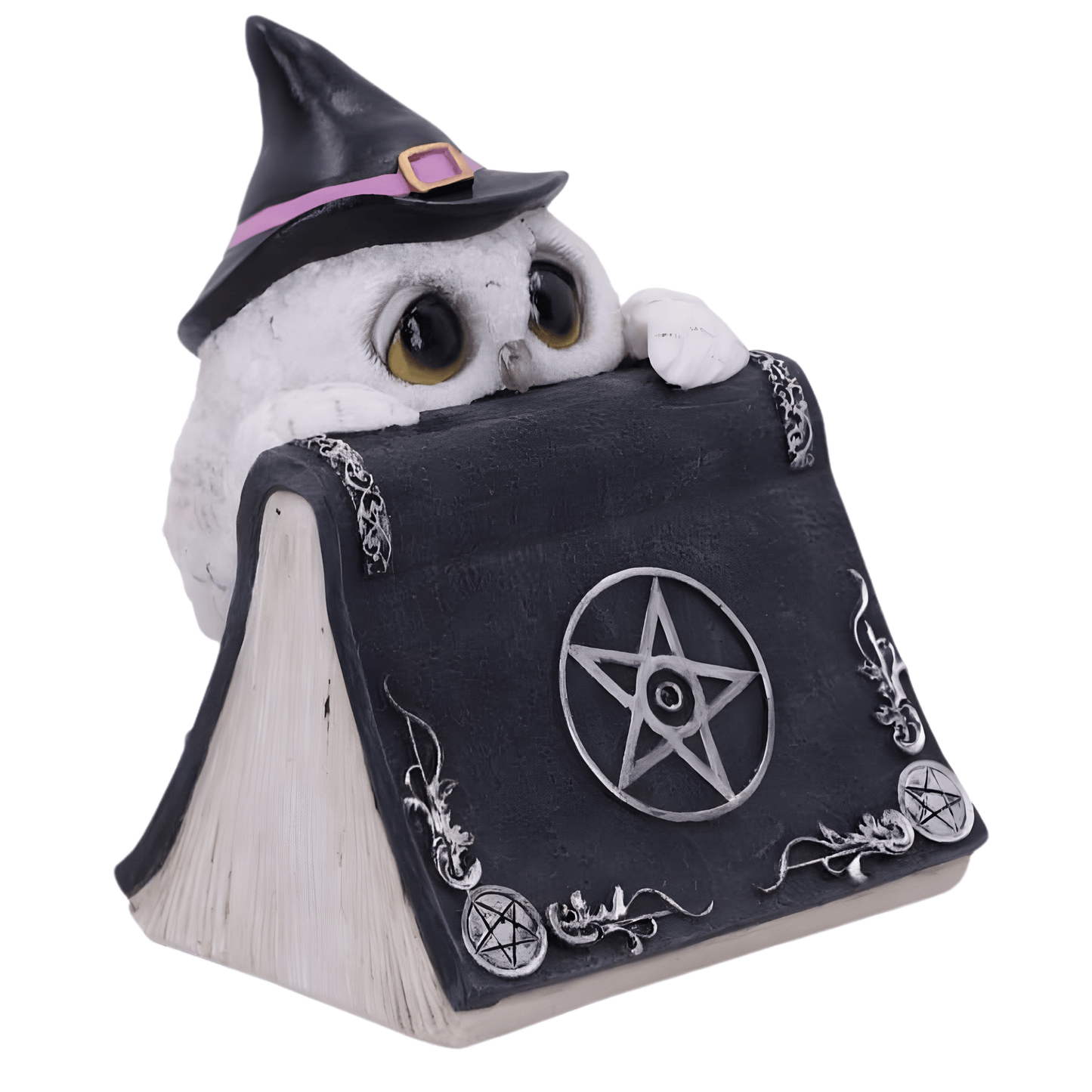 Statue of an owl wearing a witch hat with a book featuring a pentagram on a white background
