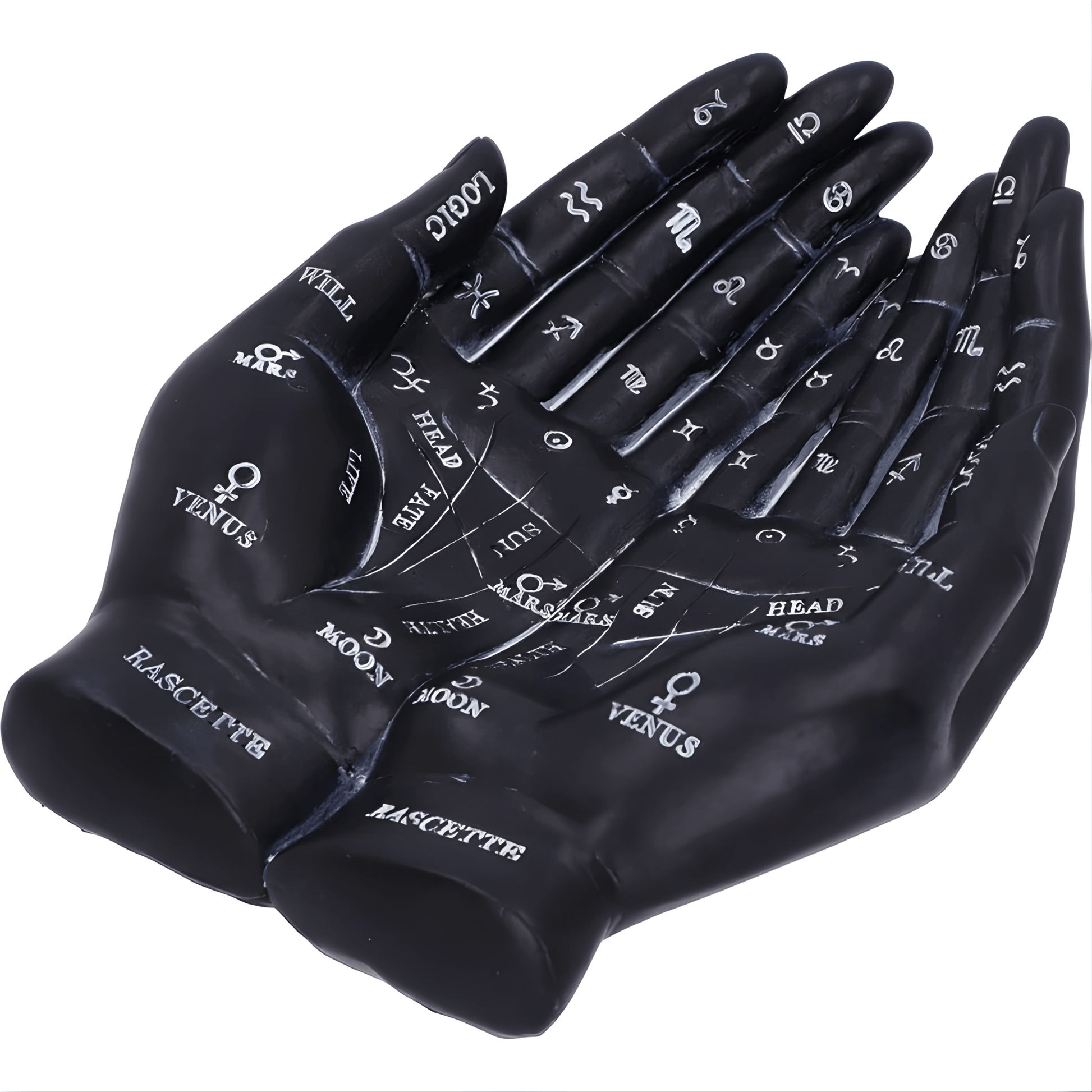 Black gloves with astrological symbols and text on a white background