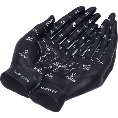 Black gloves with astrological symbols and text on a white background