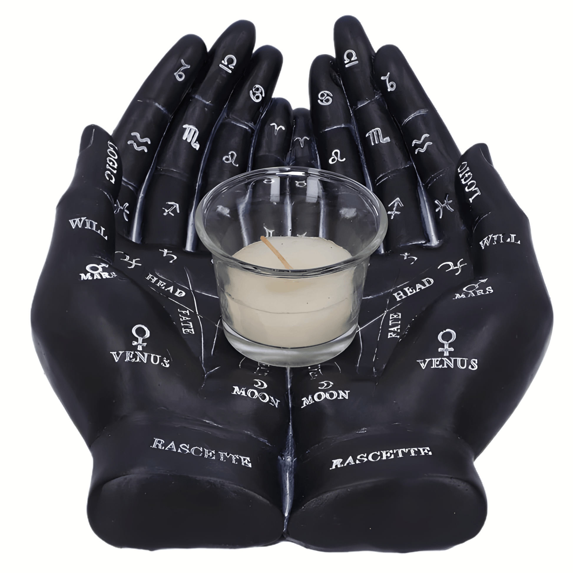 Black resin hands with astrological symbols holding a small glass container with a candle on a white background