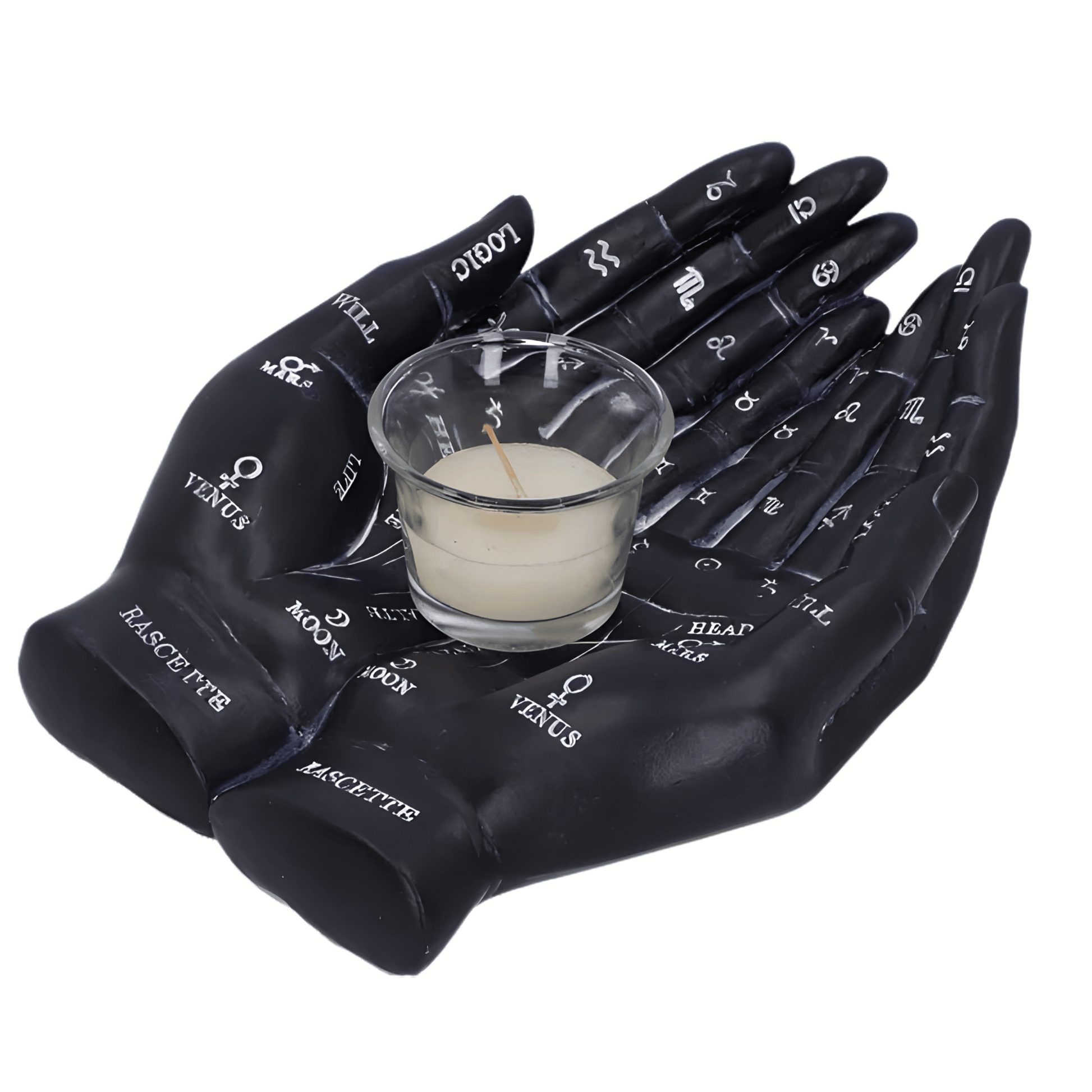 Black resin hands with astrological symbols holding a small glass container with a candle on a white background