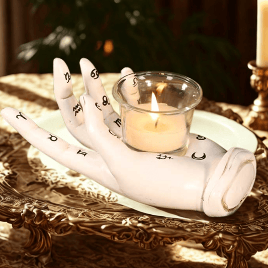 Decorative white resin palm with candles on a ornate surface