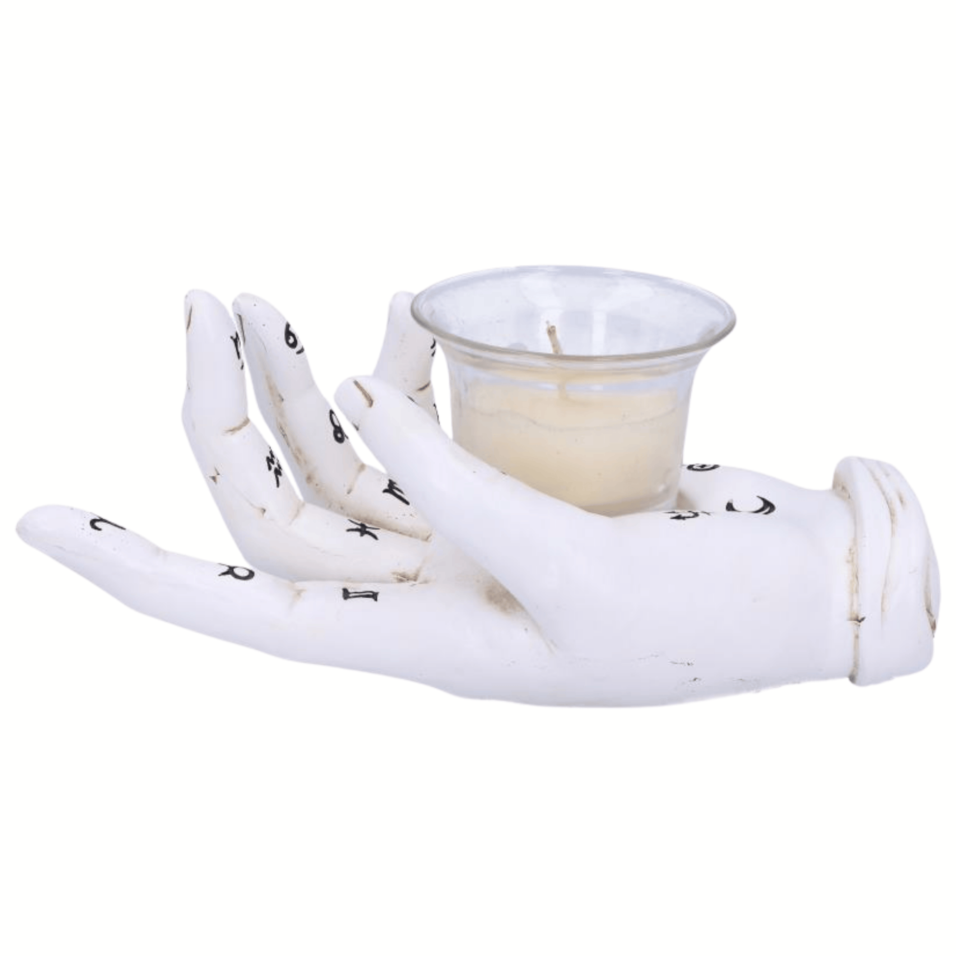 Decorative white resin palm with candles on a white background