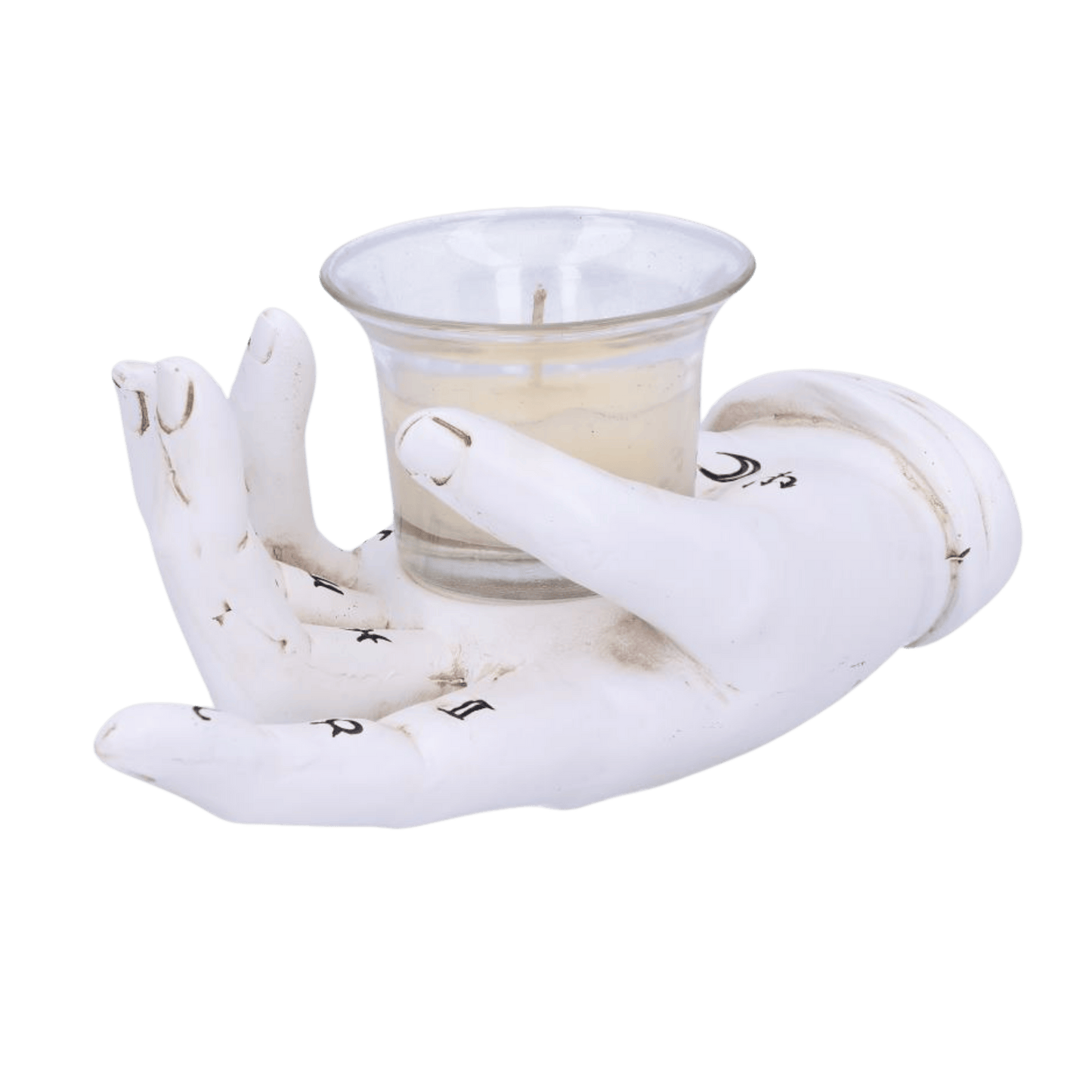 White ceramic hand holding a candle on a transparent background