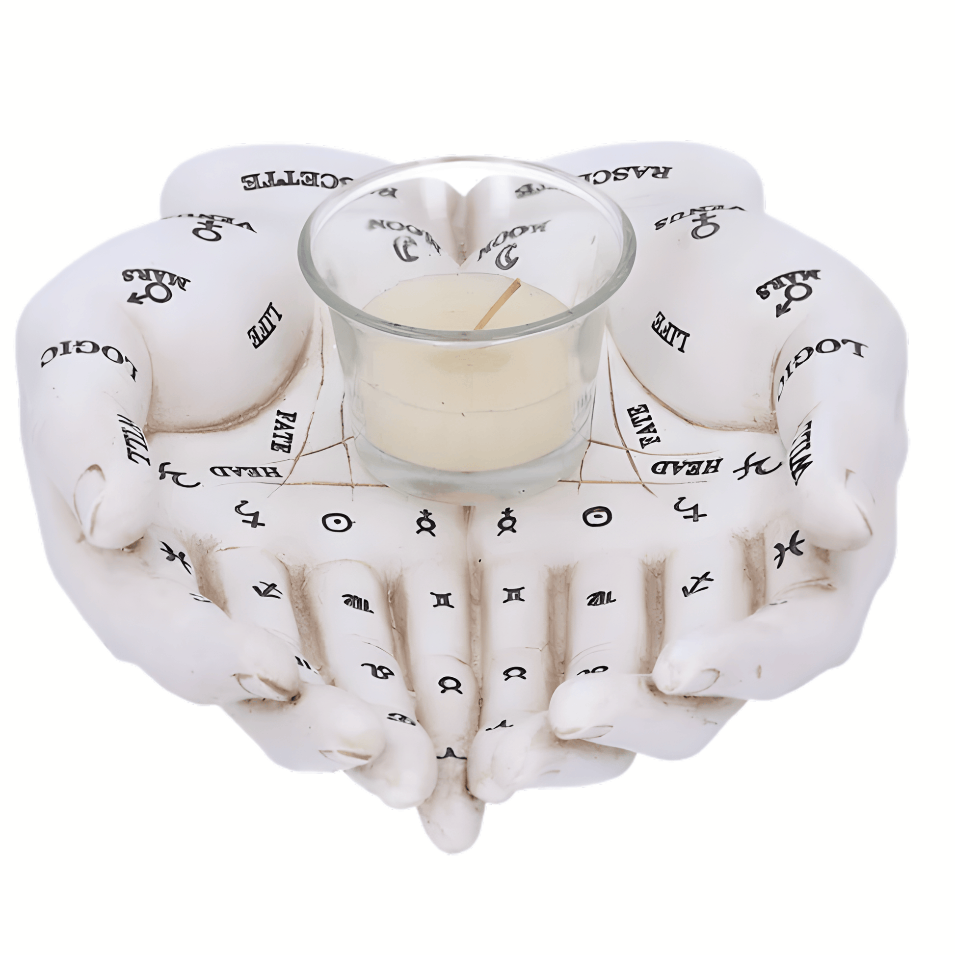 Heart-shaped candle holder with black text and symbols, containing a small candle on a white background.