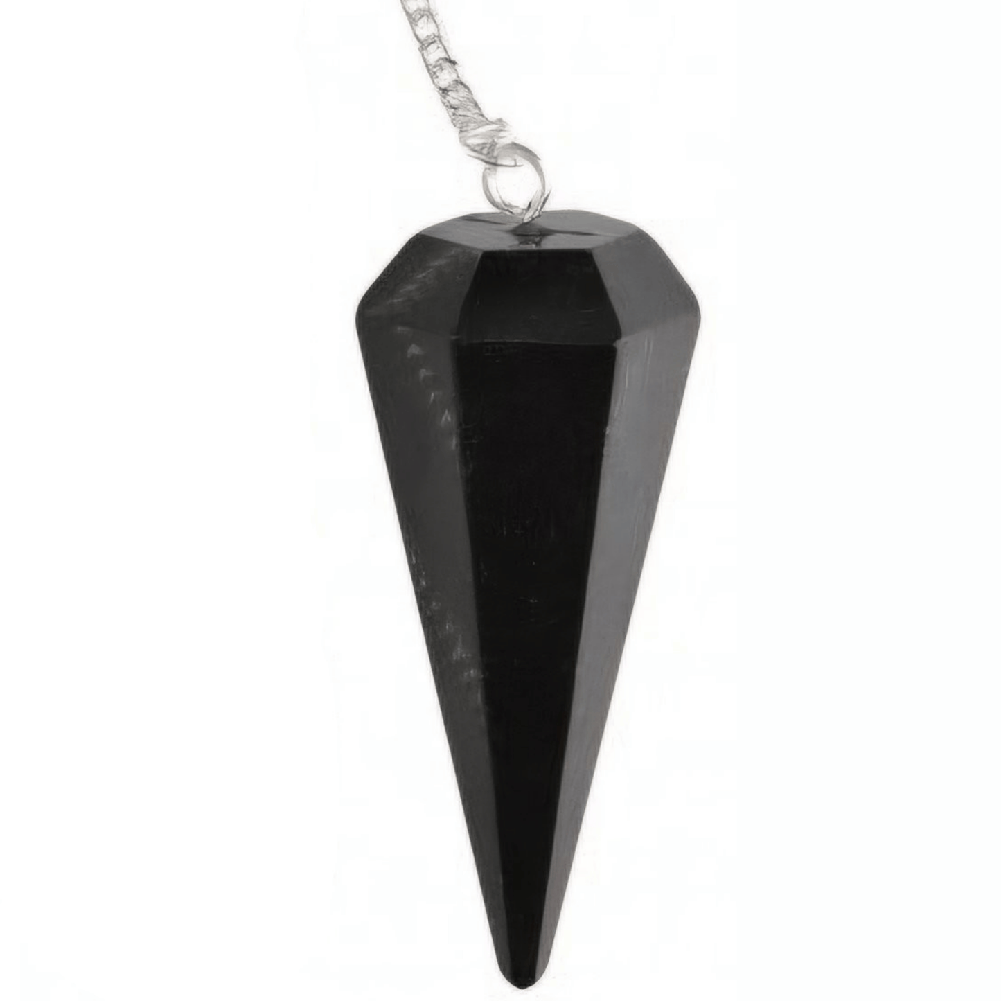 A black pointed crystal pendant necklace on a silver chain, shown against a plain white background.