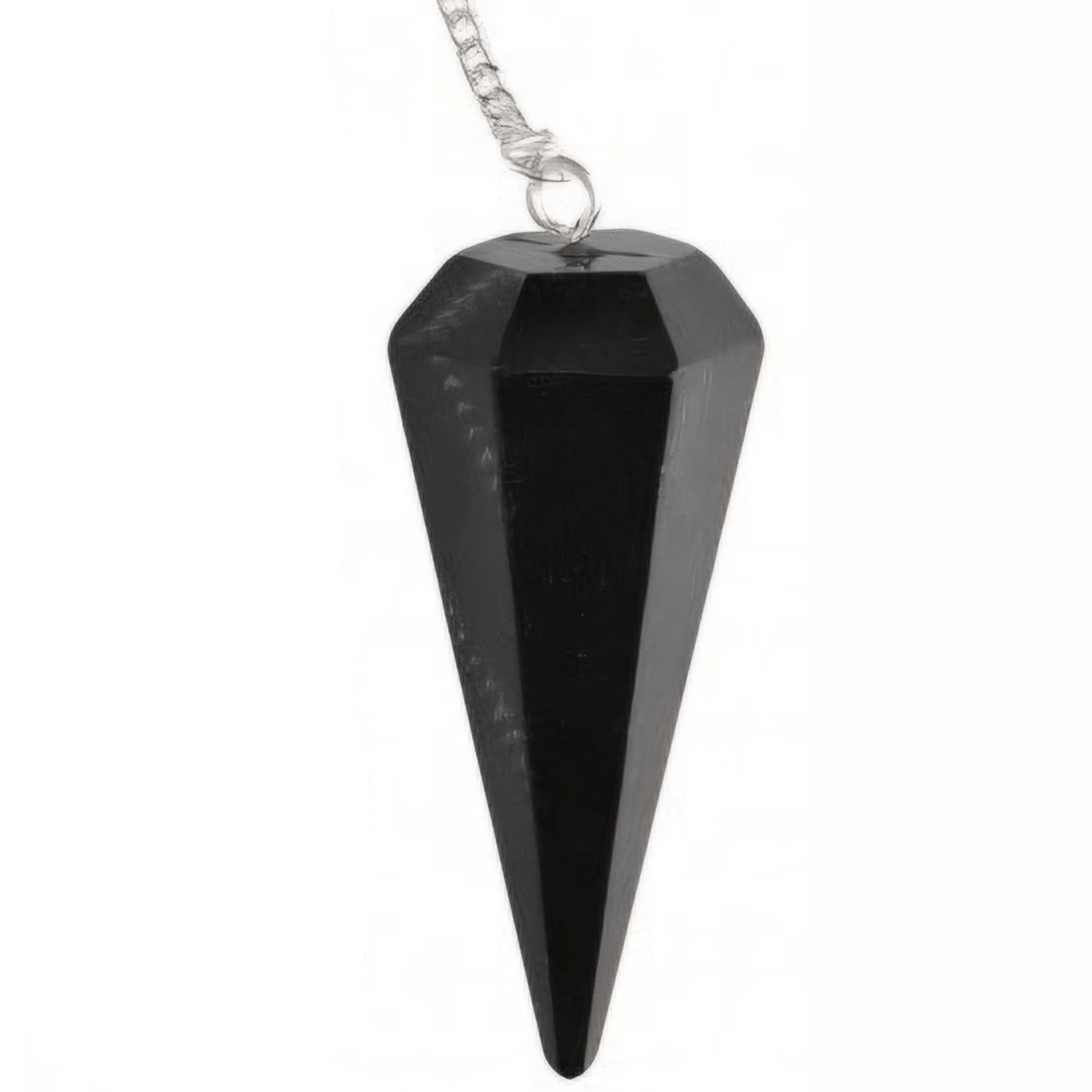 A black pointed crystal pendant necklace on a silver chain, shown against a plain white background.