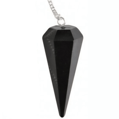 A black pointed crystal pendant necklace on a silver chain, shown against a plain white background.
