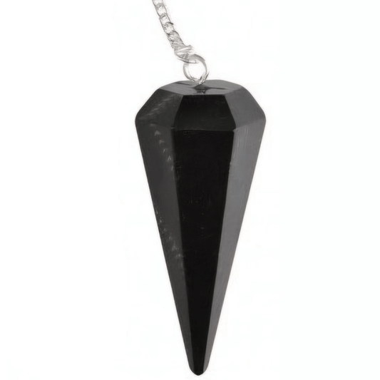 A black pointed crystal pendant necklace on a silver chain, shown against a plain white background.