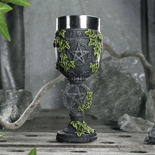 Decorative goblet with pentacle design and greenery on a rustic background
