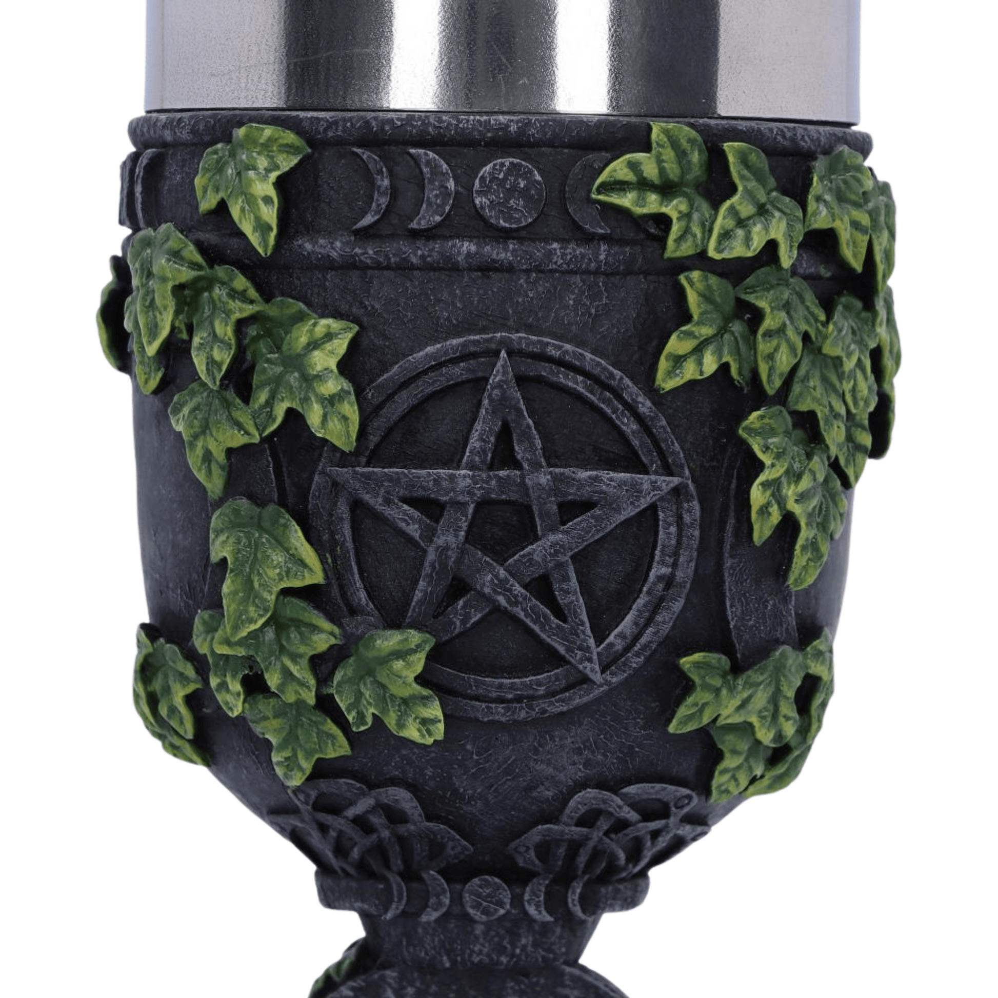Decorative cup with pentagram design and green leaves on a white background