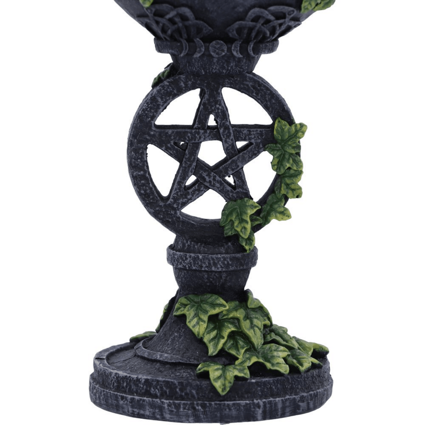Decorative object with a pentagram design and green leaves on a white background