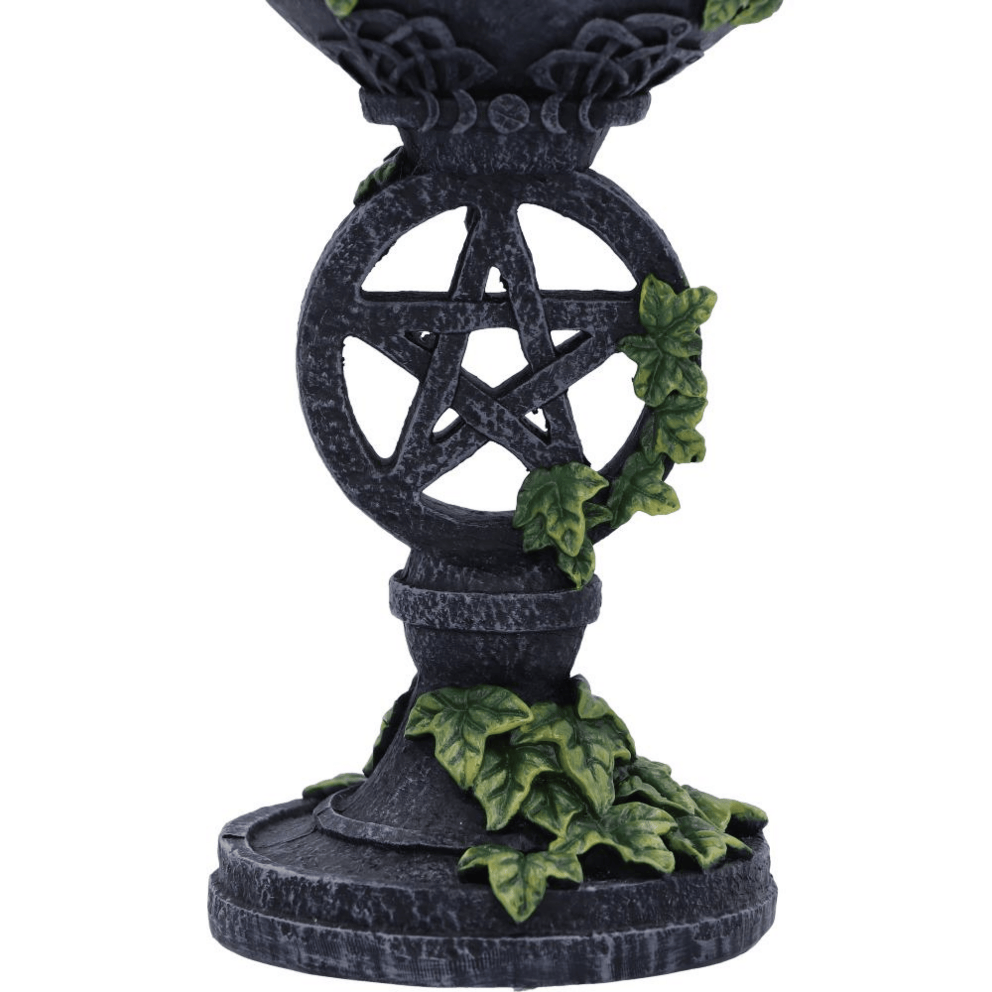 Decorative object with a pentagram design and green leaves on a white background