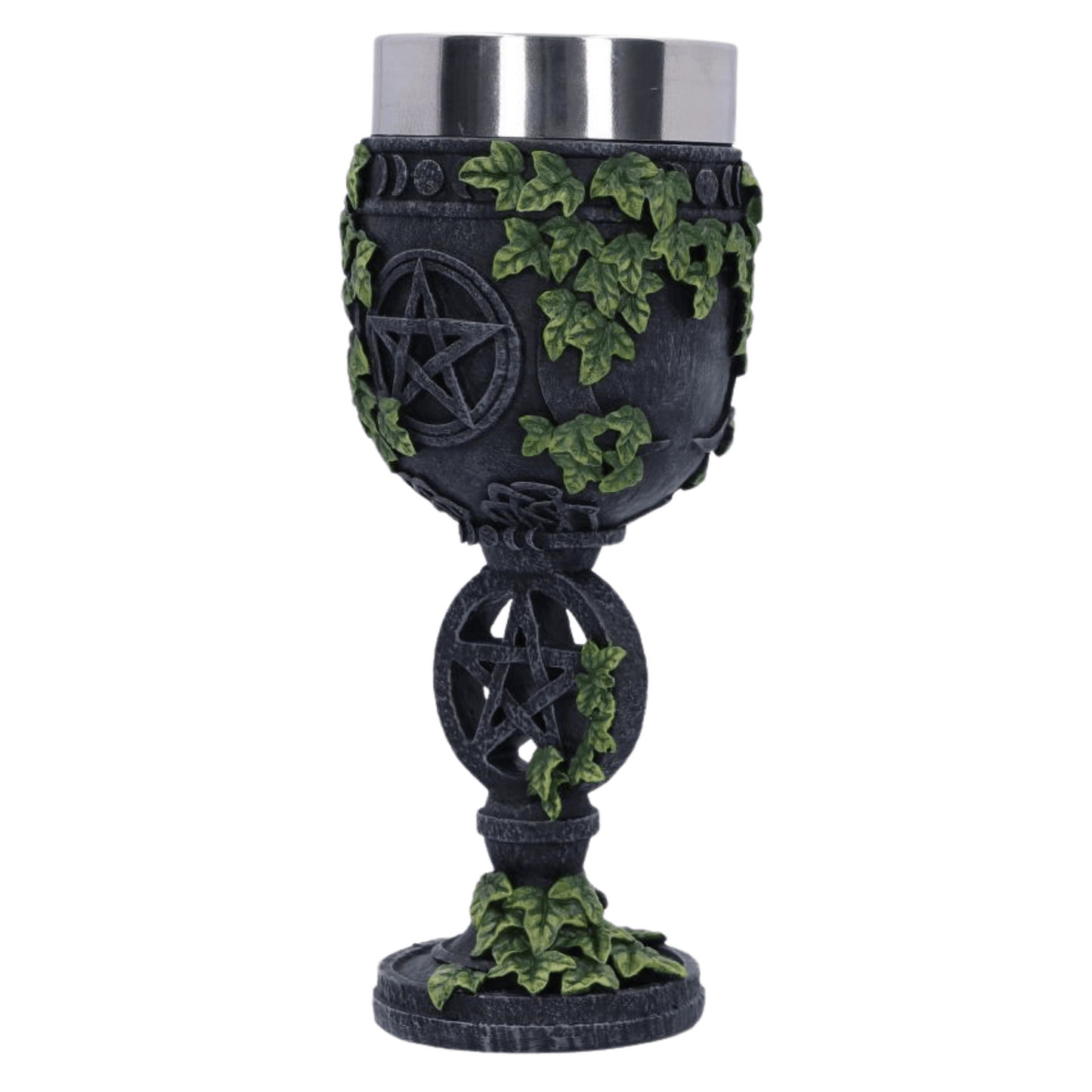 Decorative goblet with pentacle design and greenery on a white background