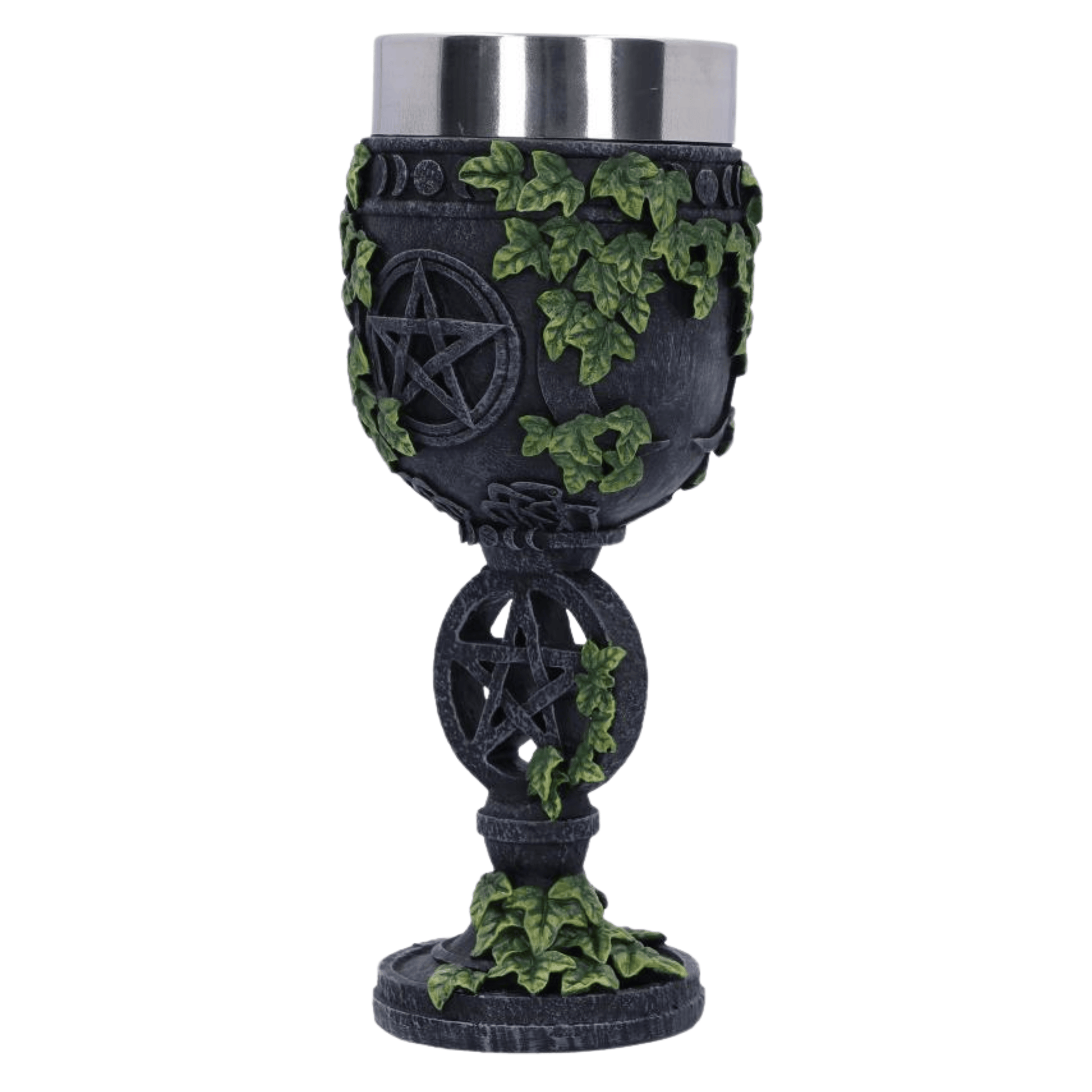 Decorative goblet with pentacle design and greenery on a white background