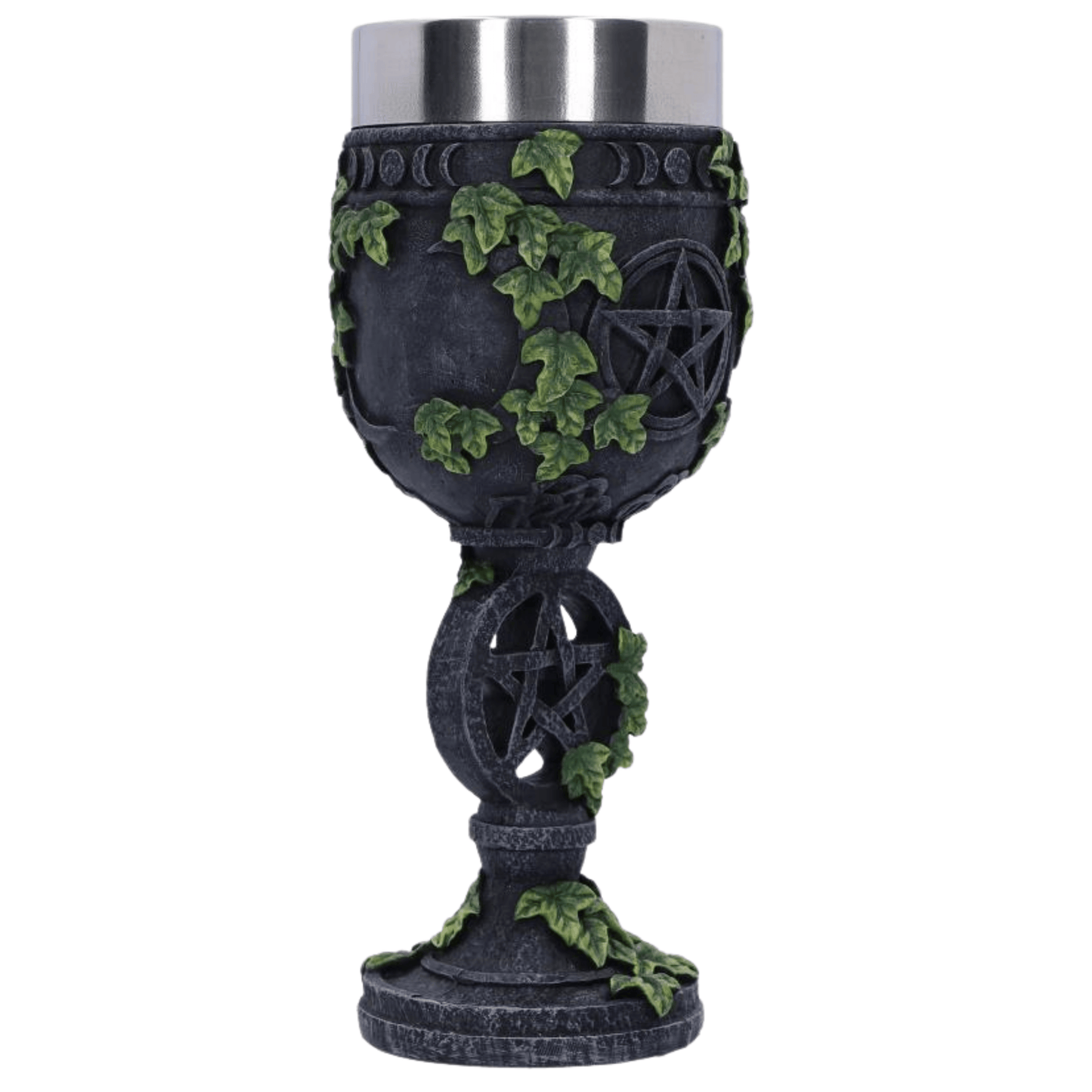 Decorative goblet with pentacle design and ivy leaves on a white background