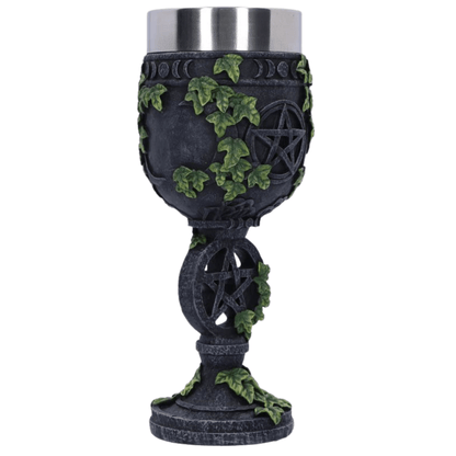 Decorative goblet with pentacle design and ivy leaves on a white background
