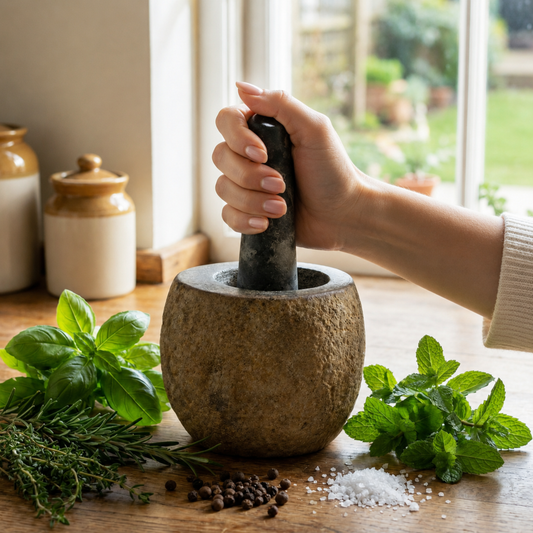 Person using a mortar and pestle with herbs and spices on a wooden surface.