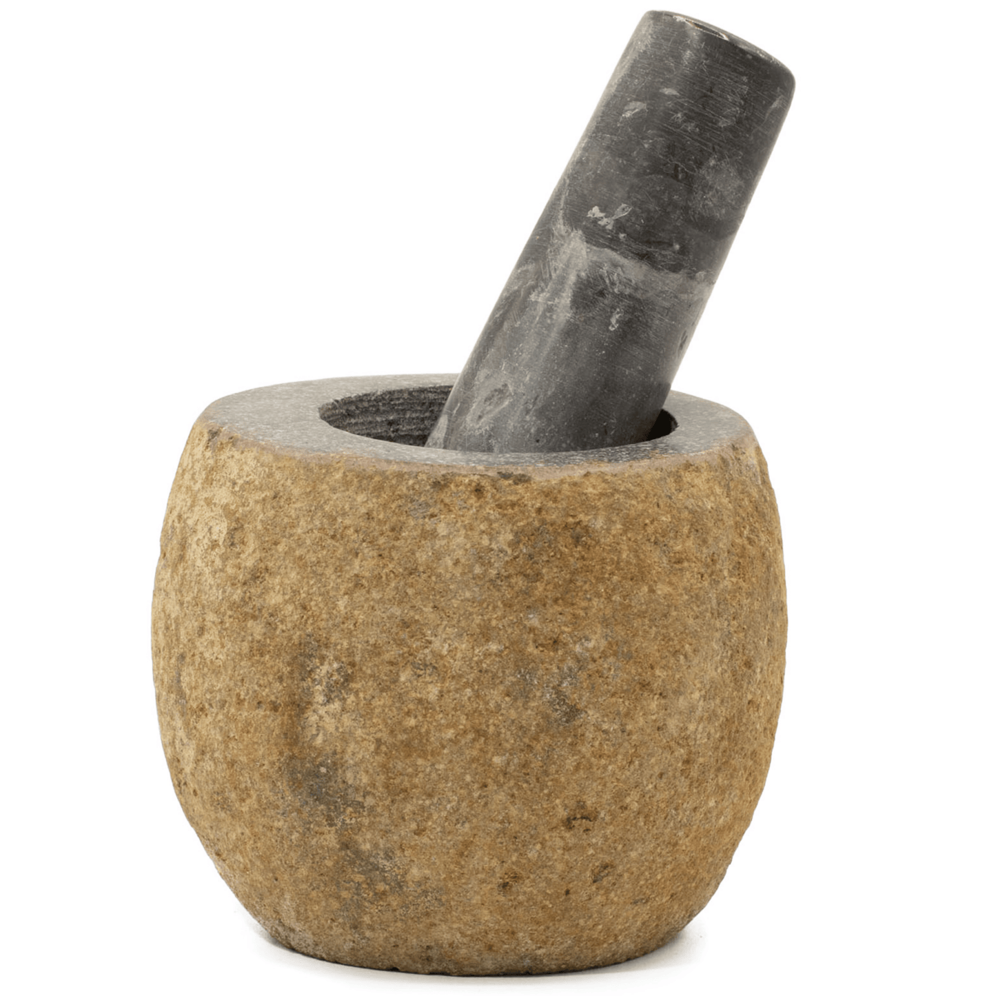 Stone mortar and pestle on a white background